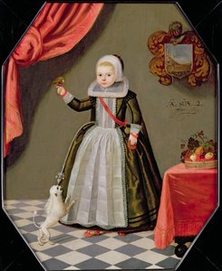 Portret młodej dziewczyny z ptakiem na palcu i psem u jej stóp, 1632